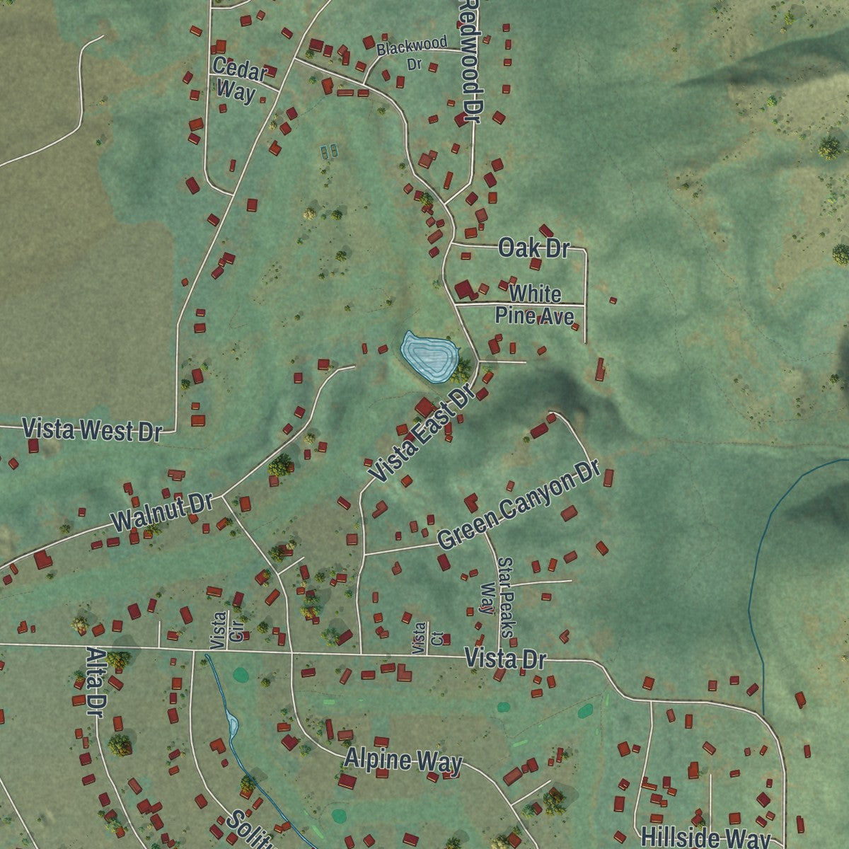 Second close-up of the map of Star Valley Ranch, Wyoming print showing more streets and buildings