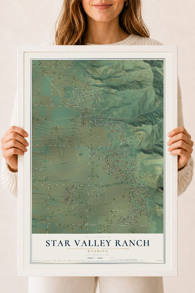 Map of Star Valley Ranch, Wyoming, 18 x 24 inch print in a white wood frame