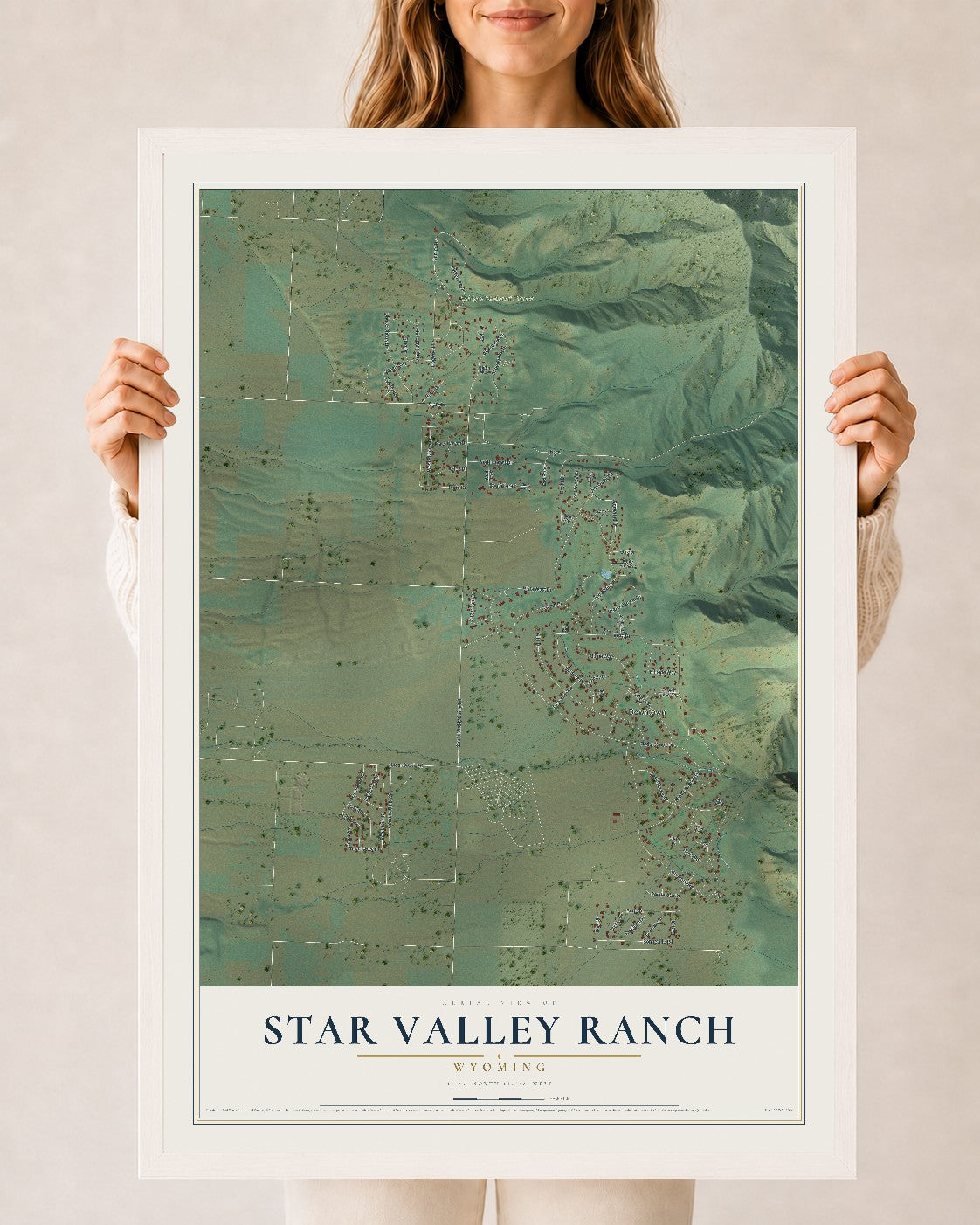 Map of Star Valley Ranch, Wyoming, 24 x 36 inch print in a white wood frame