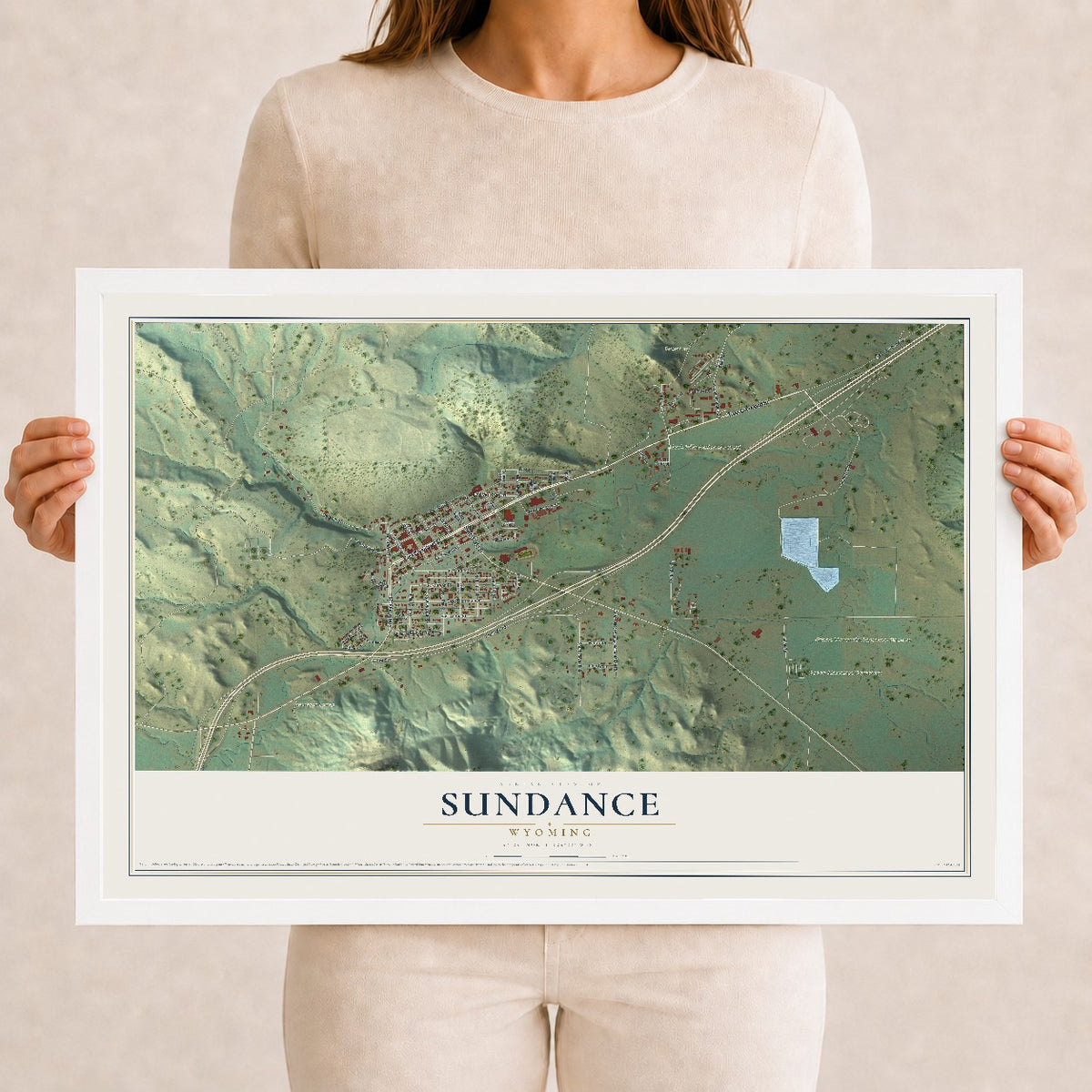 Map of Sundance, Wyoming, 12 x 18 inch print in a white wood frame