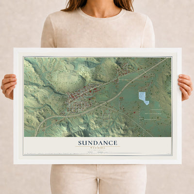 Map of Sundance, Wyoming, 12 x 18 inch print in a white wood frame