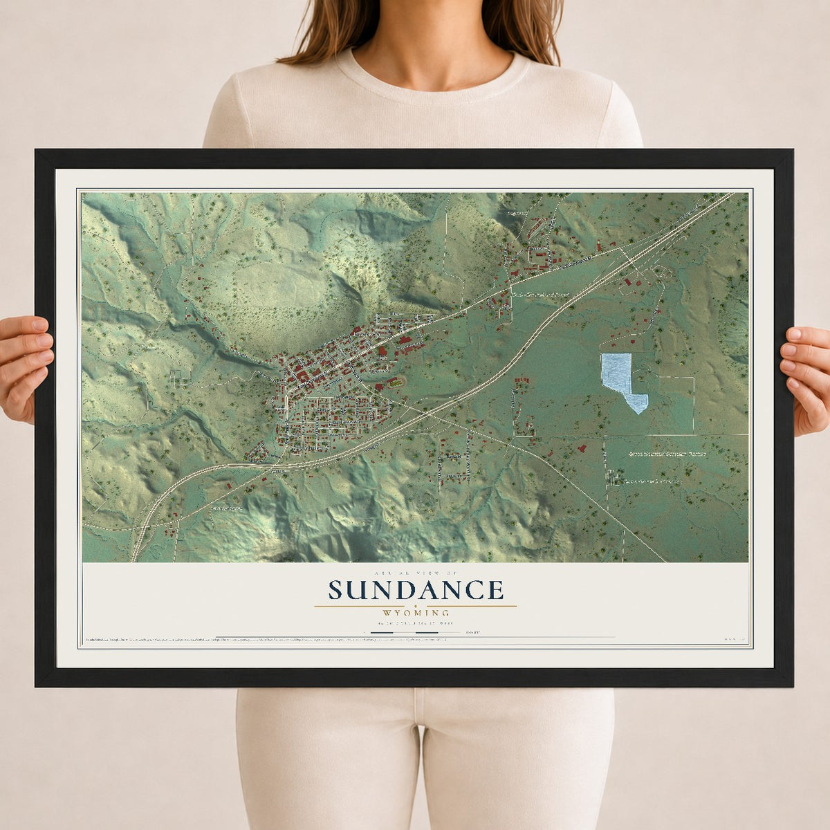 Map of Sundance, Wyoming, 18 x 24 inch print in a black wood frame