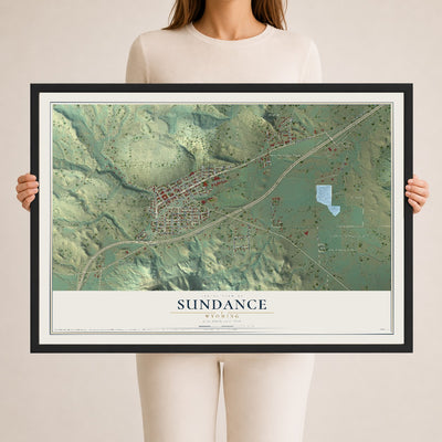 Map of Sundance, Wyoming, 24 x 36 inch print in a black wood frame