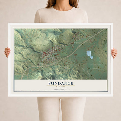 Map of Sundance, Wyoming, 24 x 36 inch print in a white wood frame