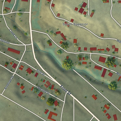 Close-up of the map of Superior, Wyoming print showing street and building detail
