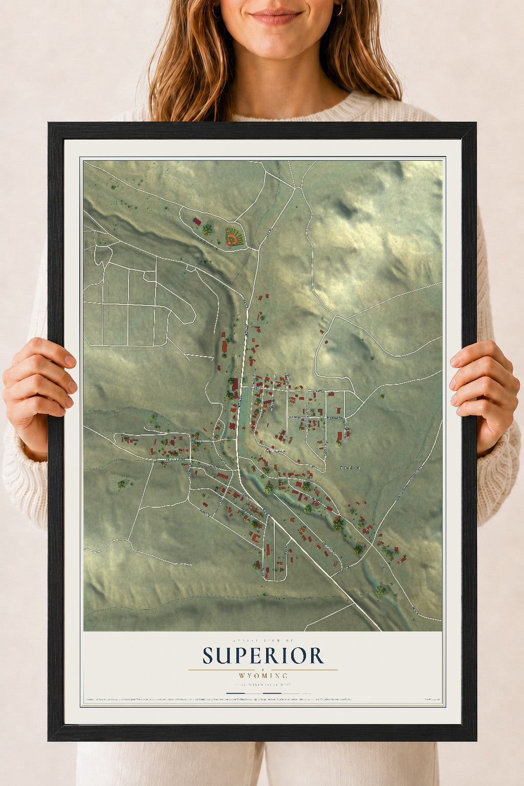 Map of Superior, Wyoming, 18 x 24 inch print in a black wood frame