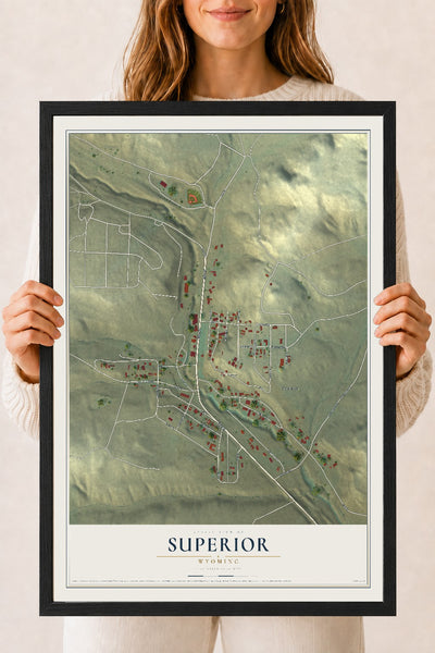 Map of Superior, Wyoming, 18 x 24 inch print in a black wood frame