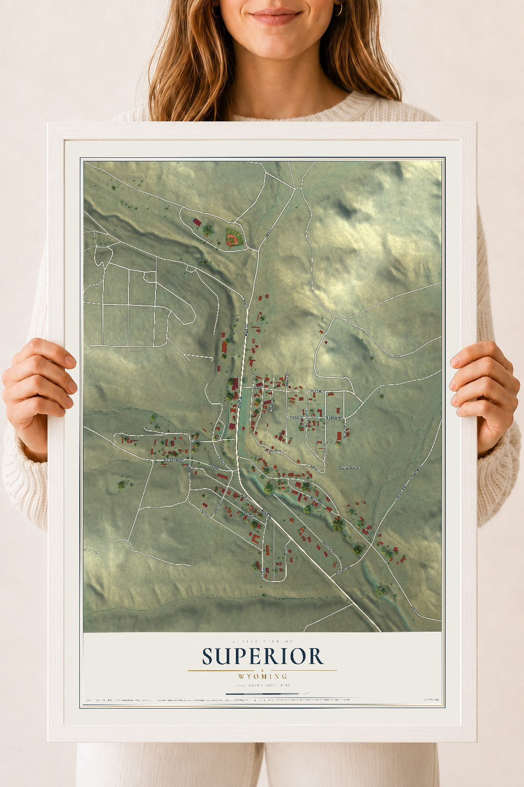 Map of Superior, Wyoming, 18 x 24 inch print in a white wood frame