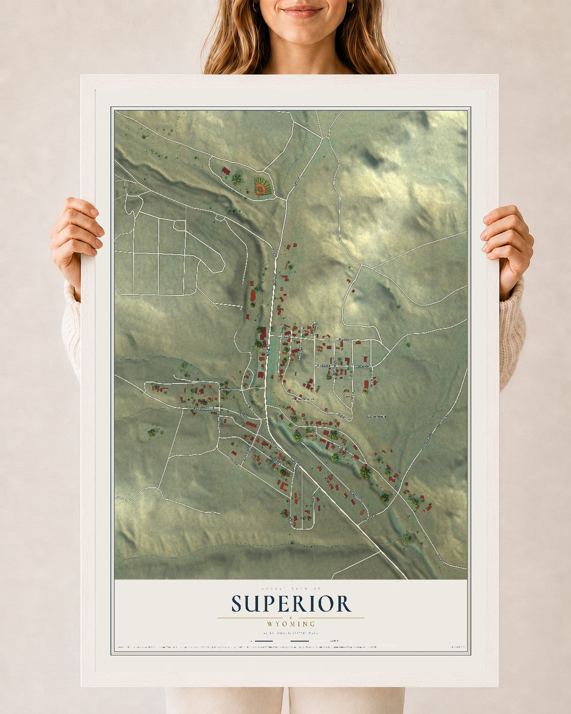 Map of Superior, Wyoming, 24 x 36 inch print in a white wood frame