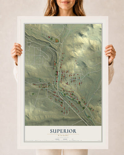 Map of Superior, Wyoming, 24 x 36 inch print in a white wood frame