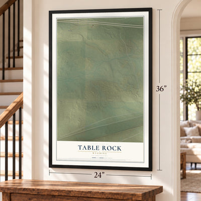 Table Rock, Wyoming map, 24 x 36 inch print in a black frame by a staircase