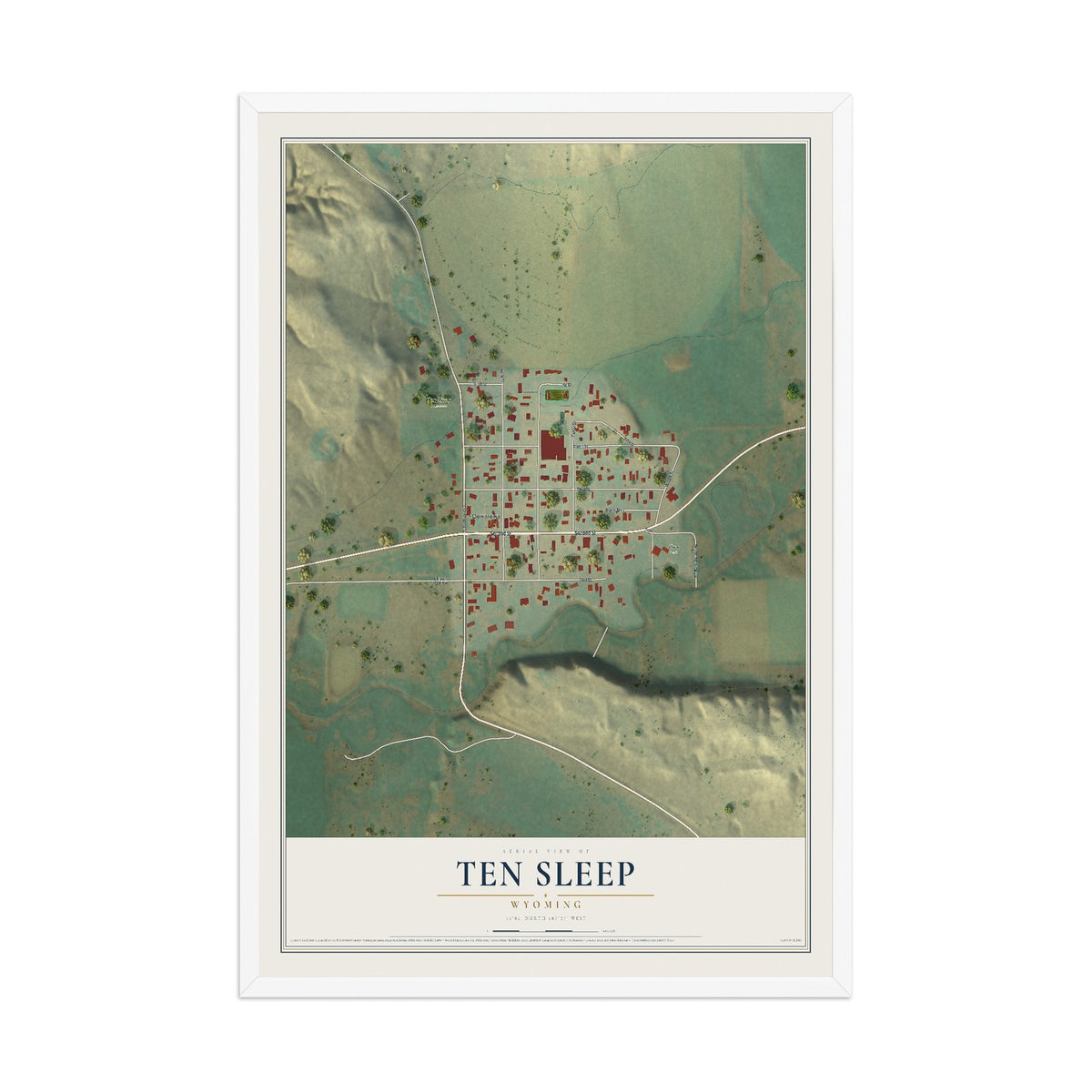 Map of Ten Sleep, Wyoming, 12 x 18 inch print in a white wood frame