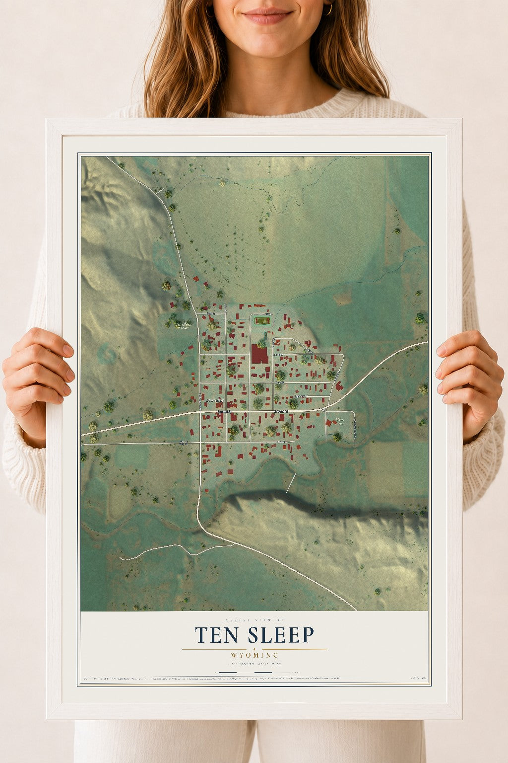 Map of Ten Sleep, Wyoming, 18 x 24 inch print in a white wood frame