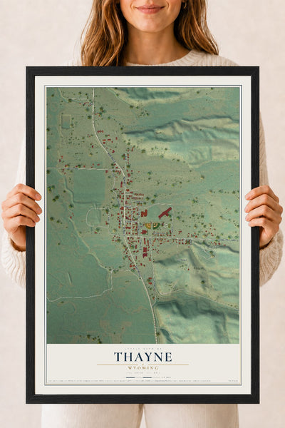 Map of Thayne, Wyoming, 18 x 24 inch print in a black wood frame