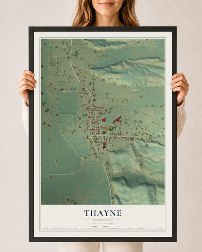 Map of Thayne, Wyoming, 24 x 36 inch print in a black wood frame