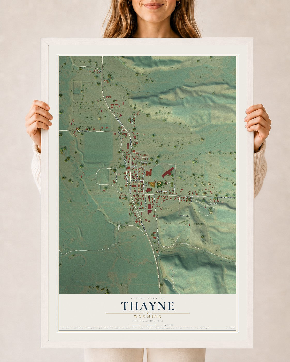 Map of Thayne, Wyoming, 24 x 36 inch print in a white wood frame