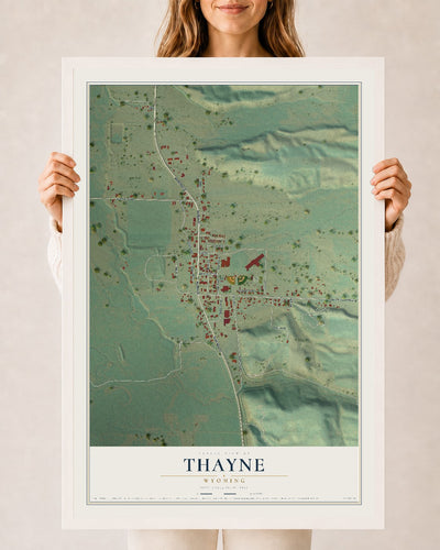 Map of Thayne, Wyoming, 24 x 36 inch print in a white wood frame