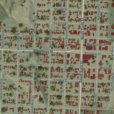 Close-up of the map of Thermopolis, Wyoming print showing street and building detail
