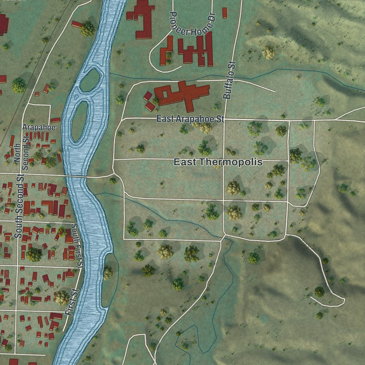 Second close-up of the map of Thermopolis, Wyoming print showing more streets and buildings