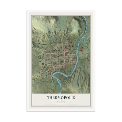 Map of Thermopolis, Wyoming, 12 x 18 inch print in a white wood frame
