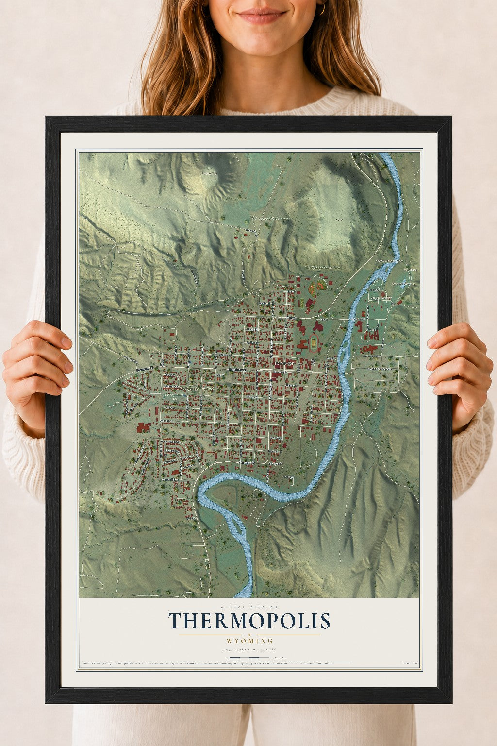Map of Thermopolis, Wyoming, 18 x 24 inch print in a black wood frame