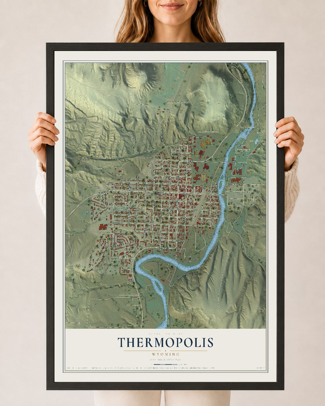 Map of Thermopolis, Wyoming, 24 x 36 inch print in a black wood frame