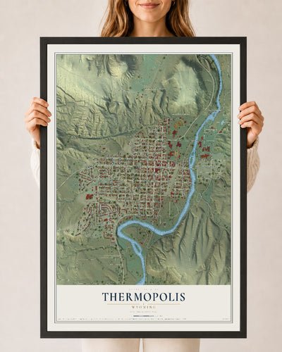 Map of Thermopolis, Wyoming, 24 x 36 inch print in a black wood frame