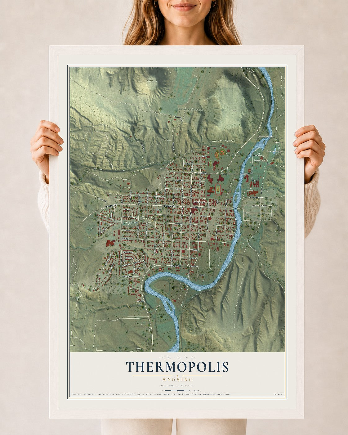 Map of Thermopolis, Wyoming, 24 x 36 inch print in a white wood frame