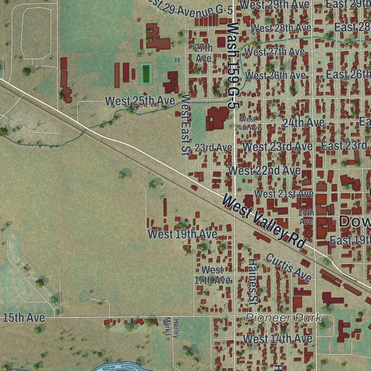 Close-up of the map of Torrington, Wyoming print showing street and building detail