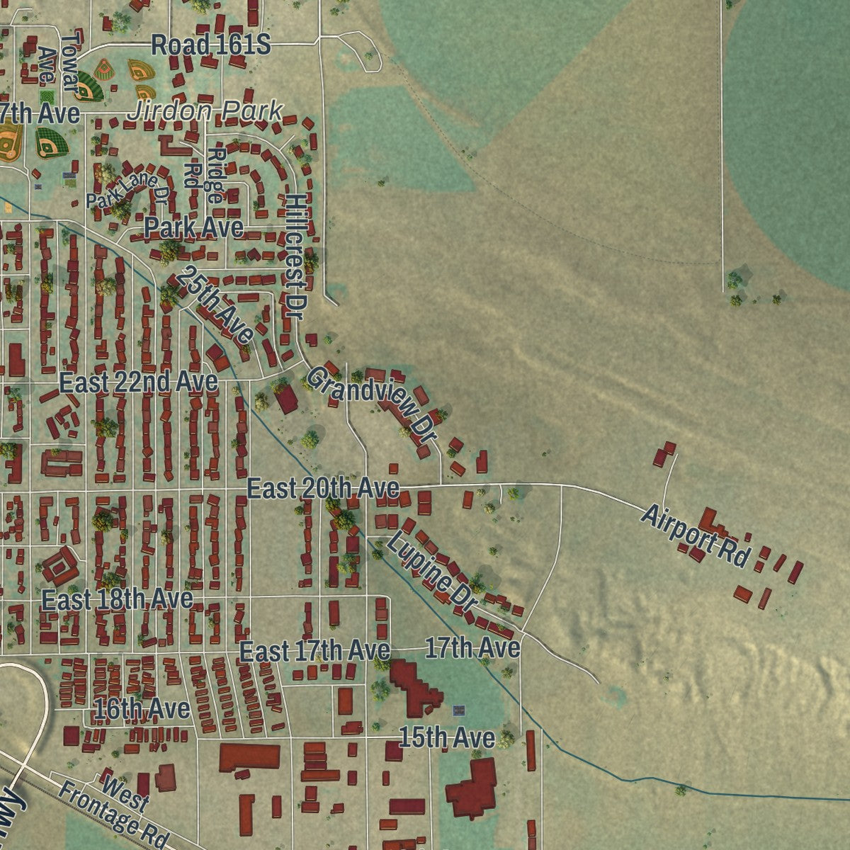 Second close-up of the map of Torrington, Wyoming print showing more streets and buildings