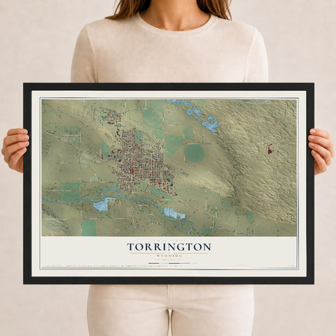 Map of Torrington, Wyoming, 12 x 18 inch print in a black wood frame