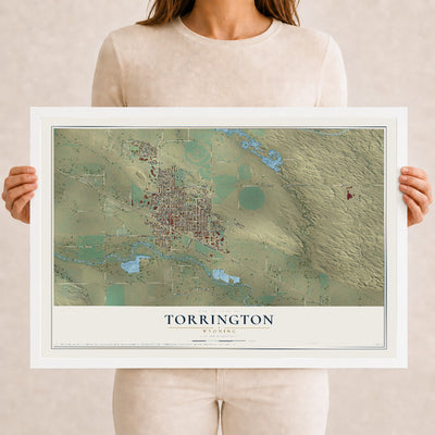 Map of Torrington, Wyoming, 12 x 18 inch print in a white wood frame