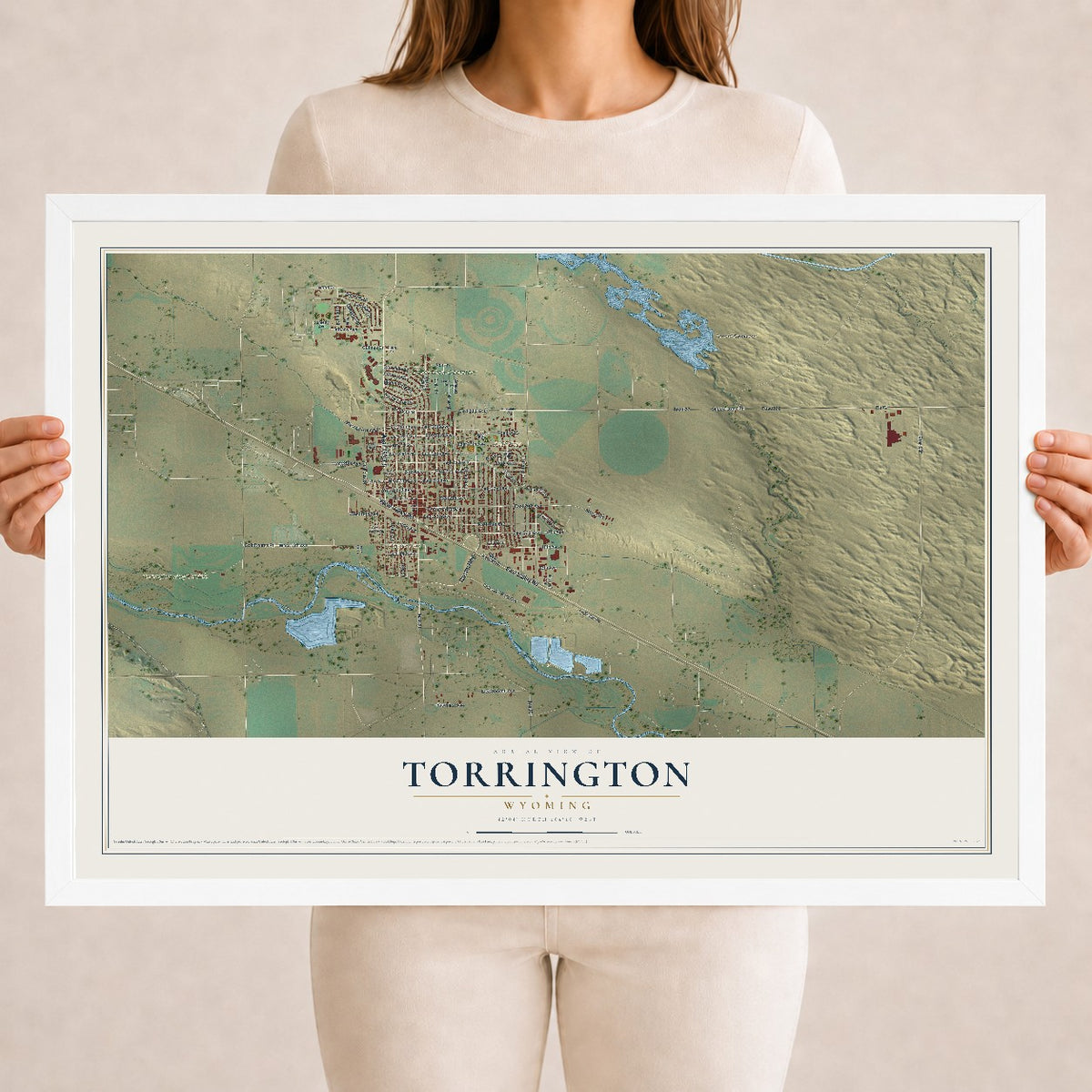 Map of Torrington, Wyoming, 18 x 24 inch print in a white wood frame