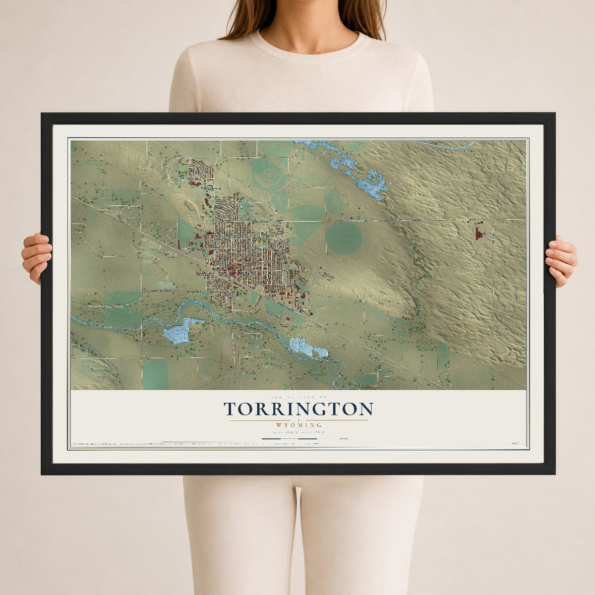 Map of Torrington, Wyoming, 24 x 36 inch print in a black wood frame