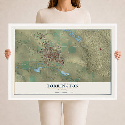 Map of Torrington, Wyoming, 24 x 36 inch print in a white wood frame