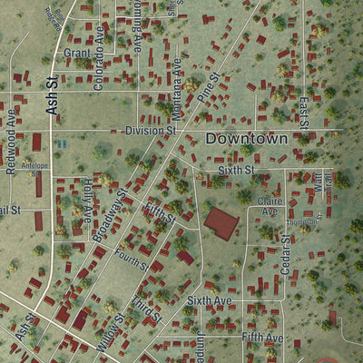 Close-up of the map of Upton, Wyoming print showing street and building detail