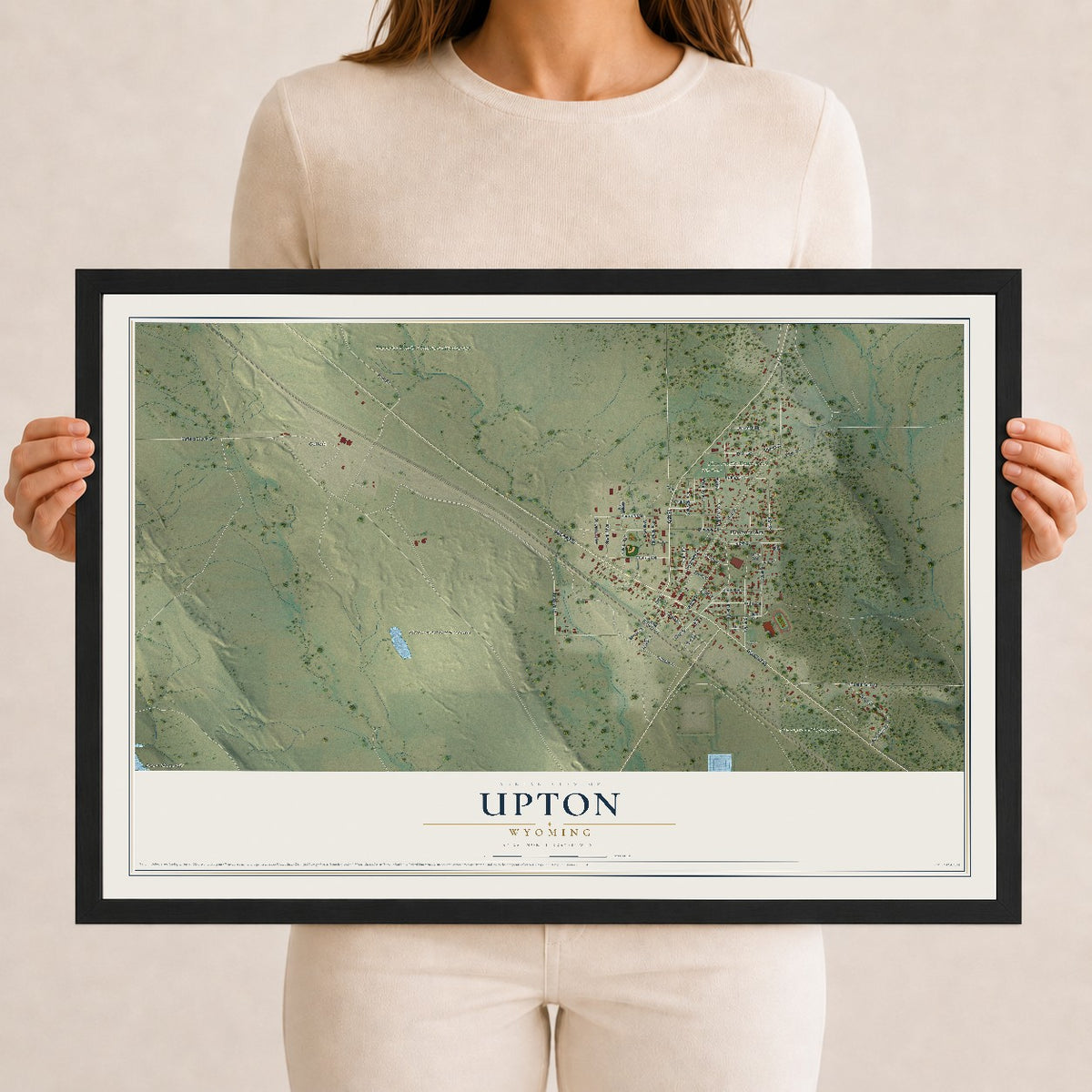 Map of Upton, Wyoming, 12 x 18 inch print in a black wood frame