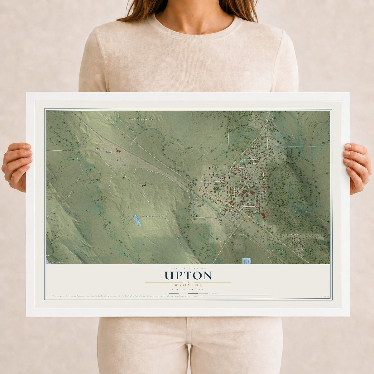 Map of Upton, Wyoming, 12 x 18 inch print in a white wood frame