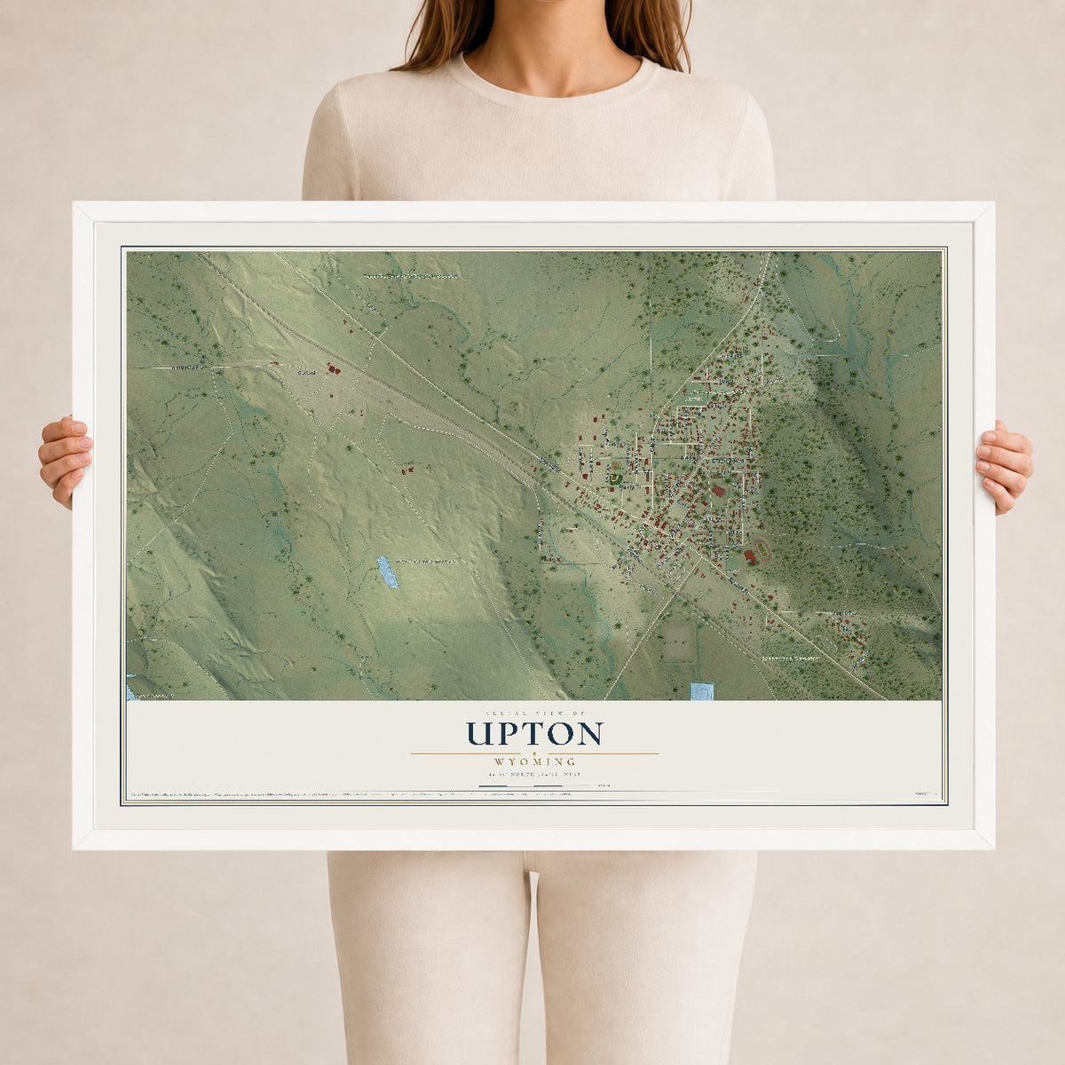 Map of Upton, Wyoming, 24 x 36 inch print in a white wood frame