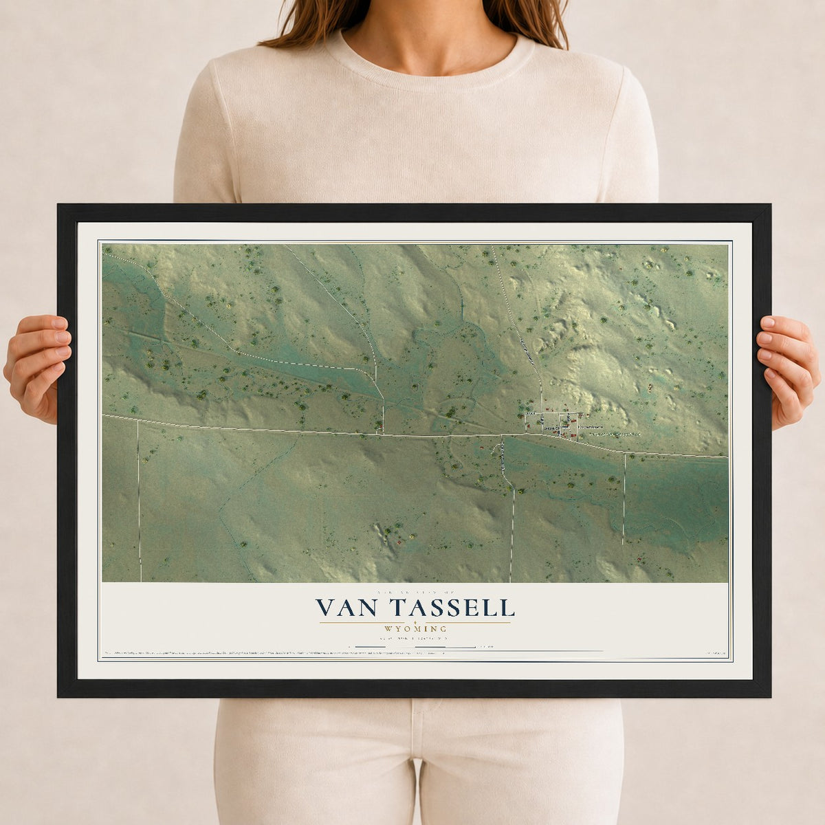 Map of Van Tassell, Wyoming, 12 x 18 inch print in a black wood frame