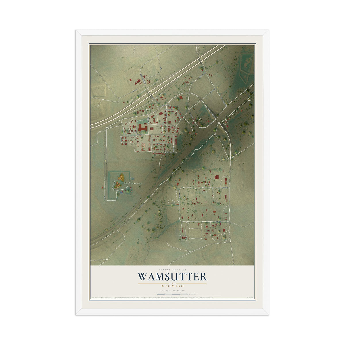 Map of Wamsutter, Wyoming, 12 x 18 inch print in a white wood frame