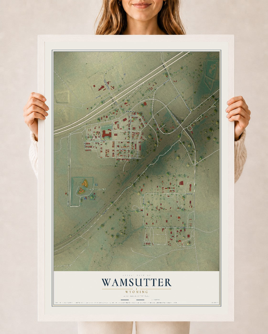 Map of Wamsutter, Wyoming, 24 x 36 inch print in a white wood frame