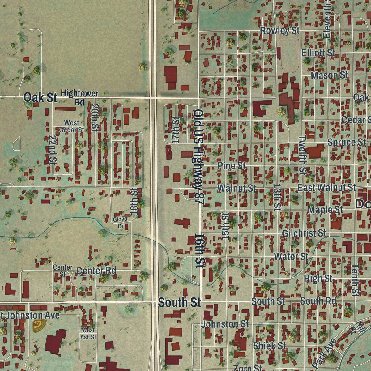 Close-up of the map of Wheatland, Wyoming print showing street and building detail
