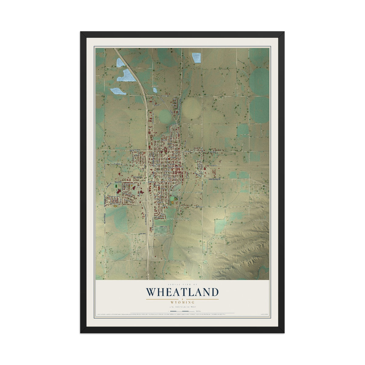 Map of Wheatland, Wyoming, 12 x 18 inch print in a black wood frame