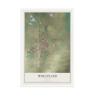 Map of Wheatland, Wyoming, 12 x 18 inch print in a white wood frame