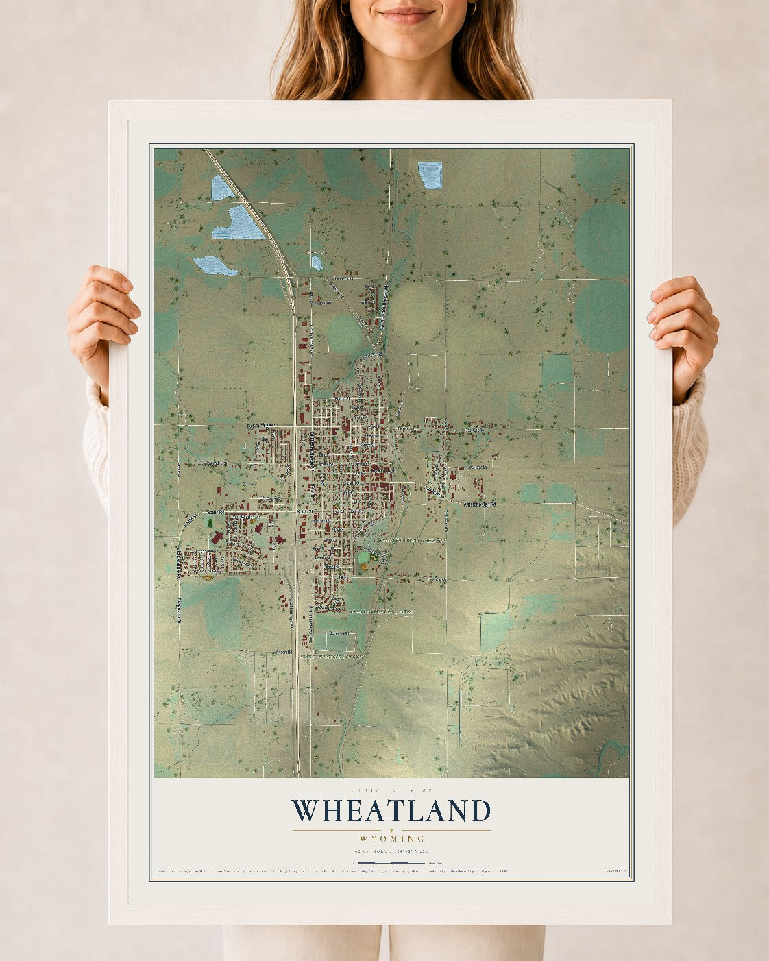 Map of Wheatland, Wyoming, 24 x 36 inch print in a white wood frame