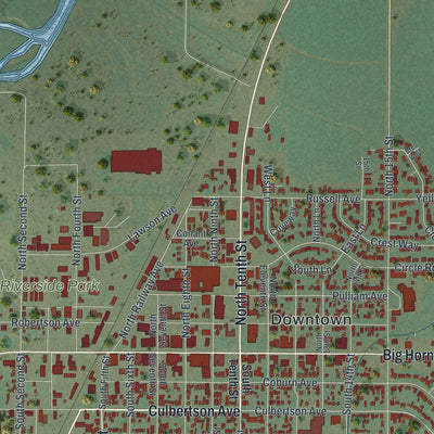 Close-up of the map of Worland, Wyoming print showing street and building detail