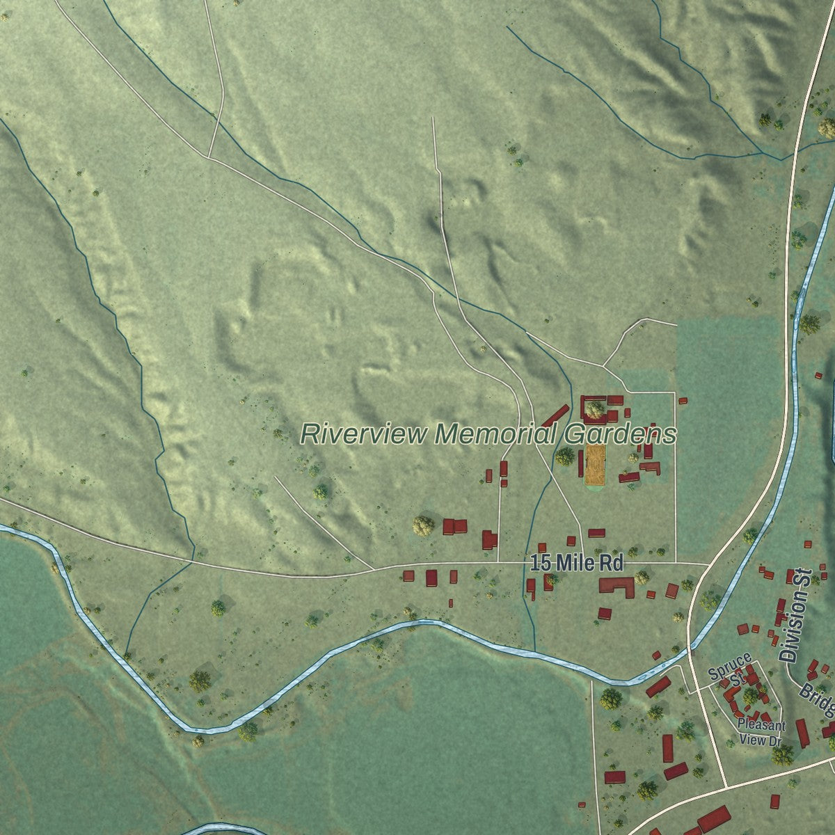 Second close-up of the map of Worland, Wyoming print showing more streets and buildings