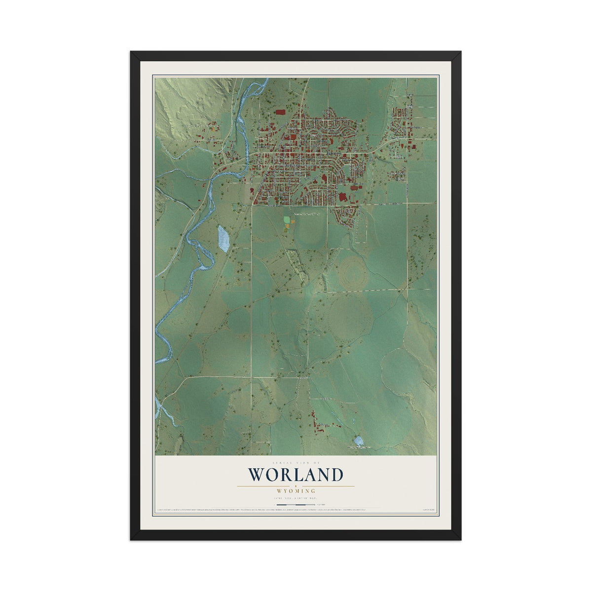 Map of Worland, Wyoming, 12 x 18 inch print in a black wood frame