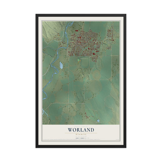 Map of Worland, Wyoming, 12 x 18 inch print in a black wood frame